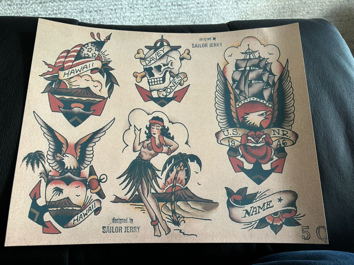 5Q Designed By Sailor Jerry Tattoo flash art sheet (lot #209 5Q Designed By Sailor Jerry Tattoo flash art sheet (lot #209