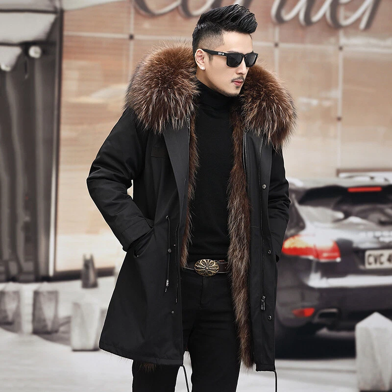 Men's Jacket Parker Faux Fur Collar Mid-length Hooded Slim Casual Coat  Winter