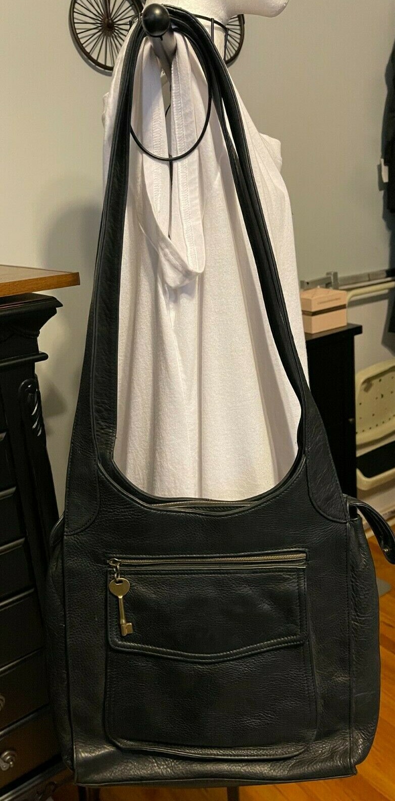 FOSSIL Large Black Leather MESSENGER PURSE 75082 - XLong Straps - Multi  Pkts-XPO | eBay