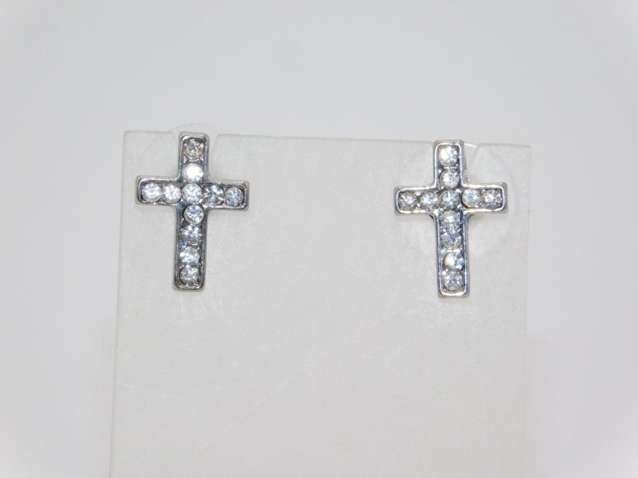 B864-VINTAGE PIERCED EARRINGS~SILVER TONE CROSS/CLEAR STONES~3/8