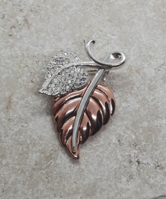 Vintage Signed Anne Klein Leaf Shaped Rhinestone Brooch Pin