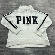 PINK Fleece Size L Womens Victorias Secret 1/4 Zip Pullover White Gray