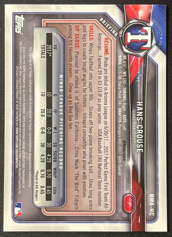 2018 BOWMAN CHROME HANS CROUSE ORANGE REFRACTOR MOJO AUTO #113/25 - Image 2 of 2