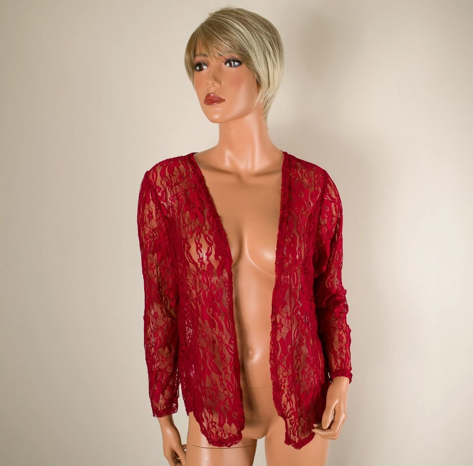 💖 Women's Sleep-Shirt Red Open Front Cover-Up Robe Silky Soft Sheer Lace 3XL - Image 2 of 4