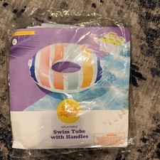 Sun Squad inflatable Striped Multi-colored swim tube with handles - Brand New
