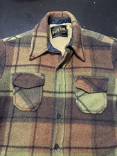 Vintage 70s Sears Sherpa Plaid Flannel Shirt Jacket, Green Orange, Size: 18