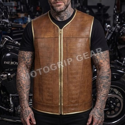 Men's Premium Embossed Leather Club Vest Tan Cowhide Motorcycle Waistcoat