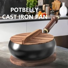Uncoated Cast Iron Pot Wok Wooden Lid Handle Anti-Splatter Pan Soup Stock Pots