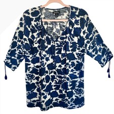 Lucky Brand Henley Peasant Top Blue White Floral Tassel Ruched Sleeve Plus Sz 1X