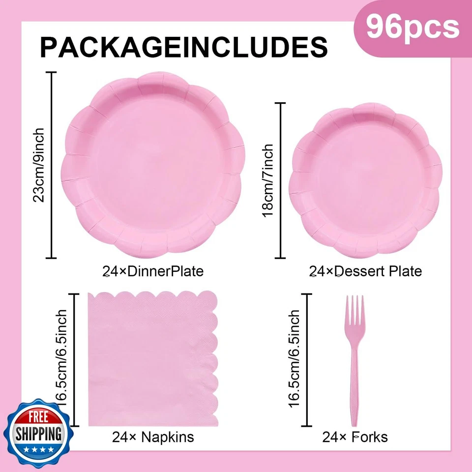 Wobeny 96 Piezas Juego de Vajilla Festoneada Rosa Suministros de Fiesta - Color Sólido Di Foto 3 de 4