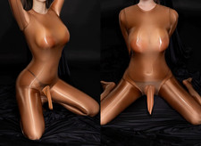 Fetisch Zentai Overall Herren mit Penishülle Spandex Catsuit Braun  Zipper XL