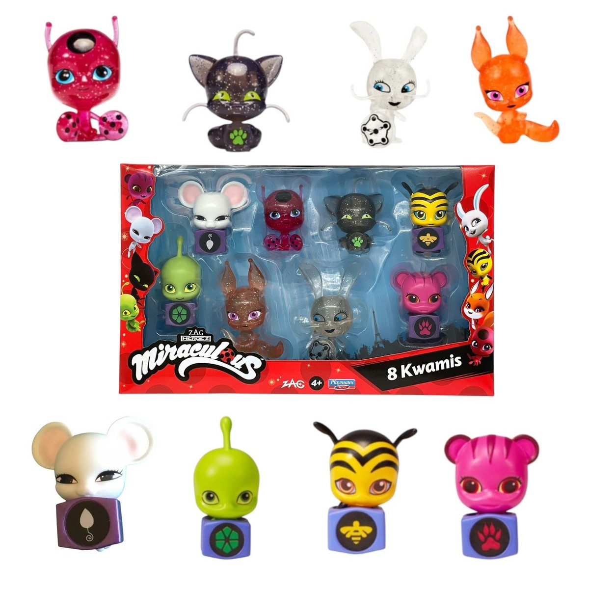 Miraculous Bandai Ladybug And Cat Noir Kwami Surprise 4 Pack | 4 figurine Kwami all'interno | Mystery Kwami Toys Collezionali tutte le figure Kwami