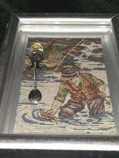 Framed Needle Point Fishing Scene WithPflueger Pippin Wobbler Lure