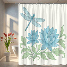 Blue Floral Shower Curtain with Dragonfly Design