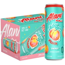Alani Nu Sugar Free Energy Drink Juicy Peach, 12 fl oz, 12 Pack, Cans, 200mg Caf