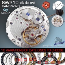 MOVEMENT MANUAL WIND SELLITA SW210-1a-PEARL,  HAND WIND, 10 DATE OPTIONS