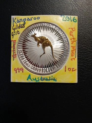 Gold Gilded Kangaroo  Proof - 2016 Australia  - 1 oz - .999 Silver