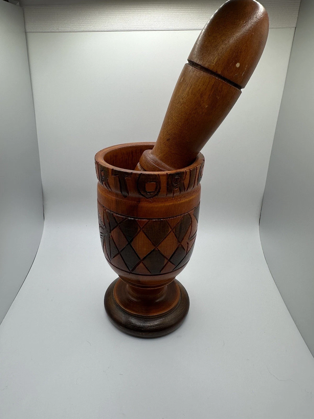 1970s Large Vintage Wood Carved Puerto Rico Mortar & Pestle Great Condition