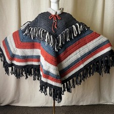 Vintage Handmade Crochet Poncho Cape Heavy Fringe Striped Boho OS