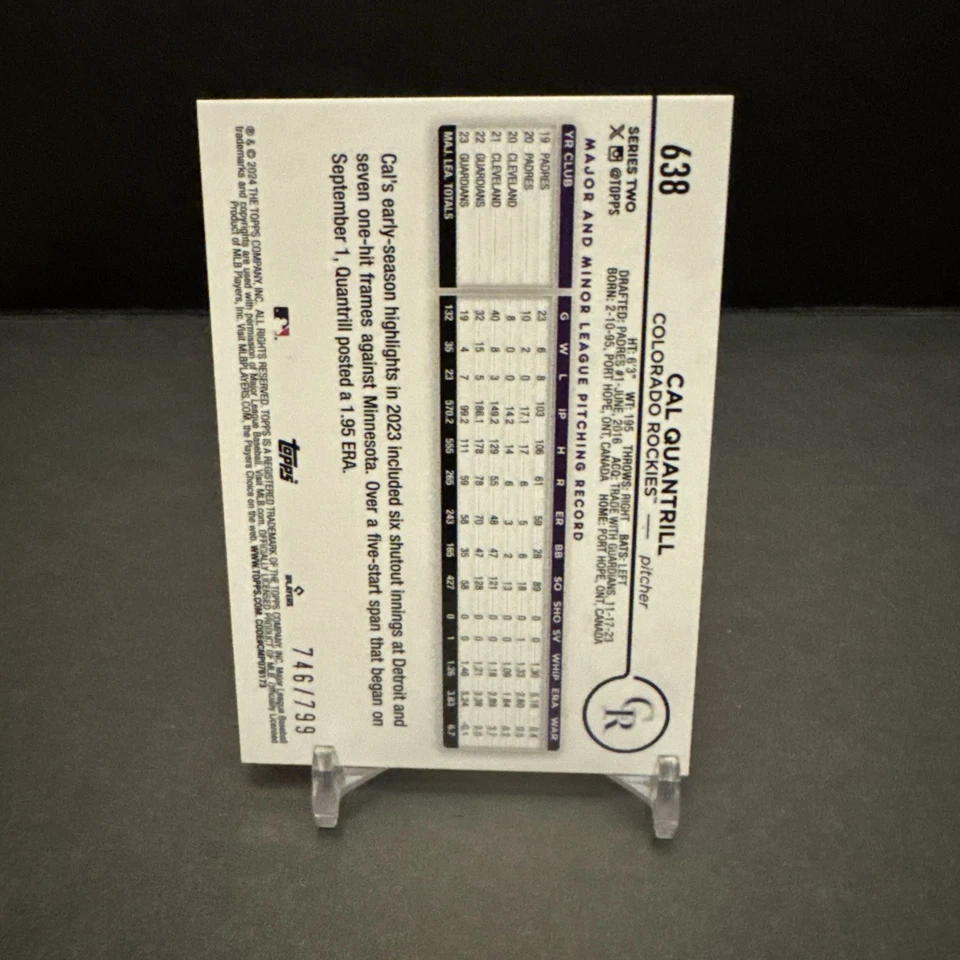 2024 Topps Baseball PURPLE FOIL ROCKIES 746/799 #638 Cal Quantrill EX/NM  - Image 2 of 3