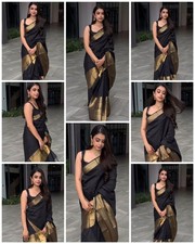 Black Soft Lichi Silk Saree with Rich Golden Jacquard Border Tasseled Pallu