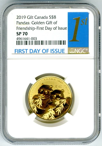 2019 $8 CANADA GOLD PLATE GILT SILVER NGC SP70 GOLDEN PANDA FIRST DAY ISSUE