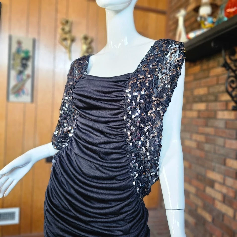 Vestido De Cóctel De Colección Años 70 Disco Ataúd Ala de Murciélago Lentejuelas Metálicas Nueva Hoja Samir S/M Foto 2 de 4