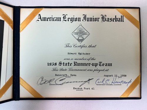 1958 American Legion Junior Baseball State Runner-Up Certificate - Picture 4 of 6