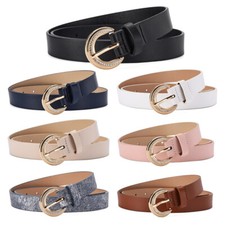 Women Skinny Crystal Round Buckle Faux Leather Belt Lady Dress Jeans Waistband