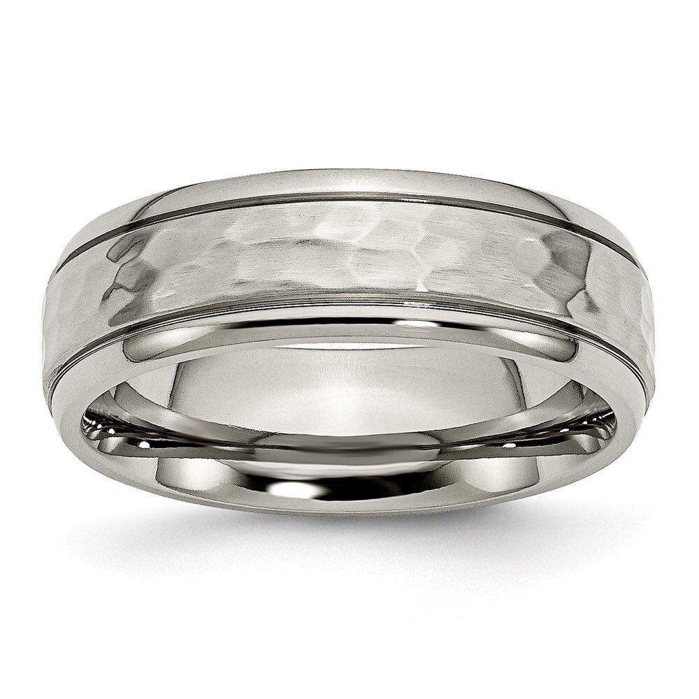 Titanium Polished and Hammered 7mm Grooved Edge Band Ring Size 12
