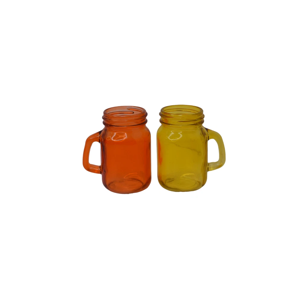Juego de 2 vasos pequeños de vidrio de colores estilo tarro de albañil con mango naranja y amarillo Foto 2 de 4