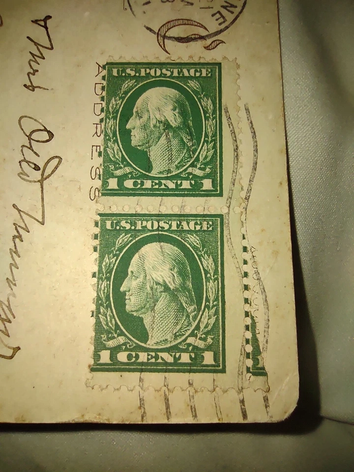 Green 1 Cent George Washington Stamp Rare Lot Of Two On 1918 Postcard Christmas - Image 4 of 4