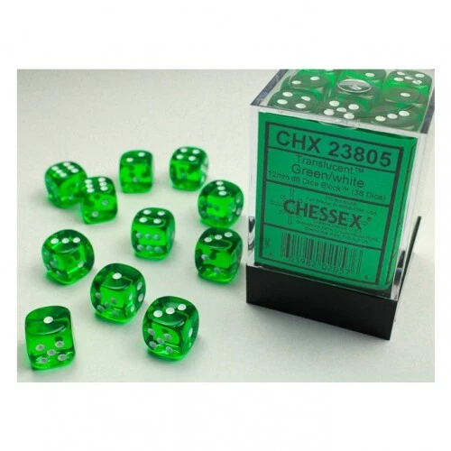 CHESSEX Würfel - 12 mm - Translucent Green/white (Würfelset 36 x W6)