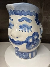 Vintage M A Hadley 7” Toby Jug Face Pitcher "Empty" Bottom Blue Pottery