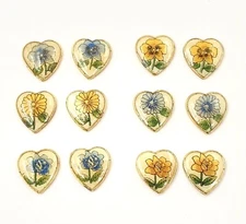 12 Vintage Korean Yellow Blue Assorted Flowers 10mm Heart Cameo Cabochons 5385PT