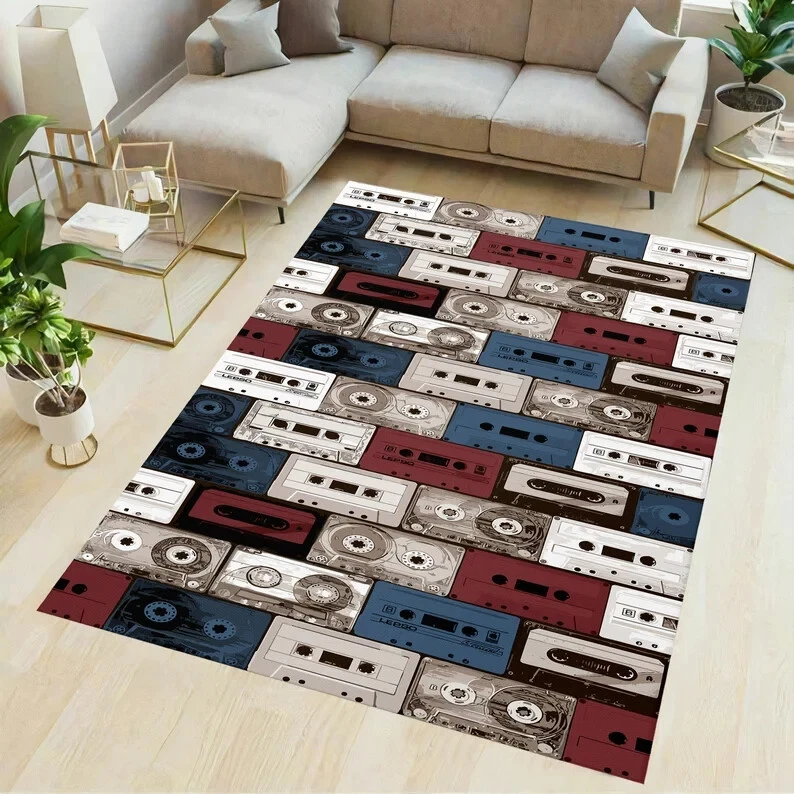 Retro Cassette Pattern Area Rug, Music Themed Carpet for Music Room, Decorative Rug Gift for Musicians