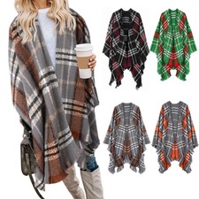Women's Boho Open Front Poncho Knitted Plaid Shawl Wrap Cape Tassel Cardigan