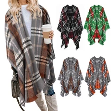 Women's Boho Open Front Poncho Knitted Plaid Shawl Wrap Cape Tassel Cardigan 