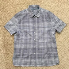 Perry Ellis Button Up Shirt Mens Large Blue Striped Short Sleeve