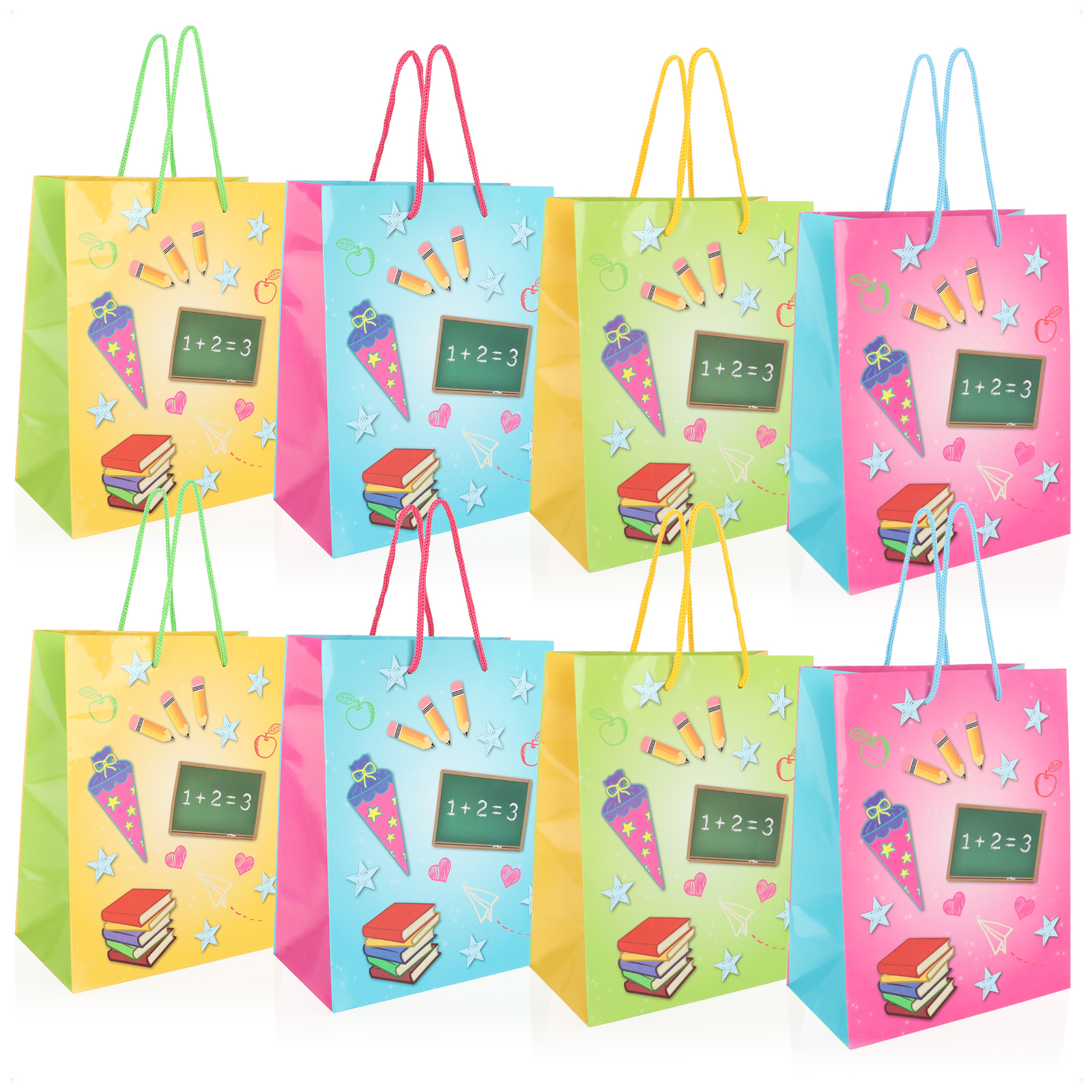 8x Geschenktasche, Geschenkverpackung für Schulanfänger, eckige Schultüte
