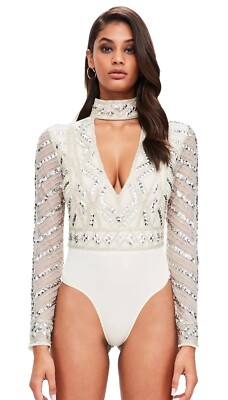 Missguided Bodysuit Peace Love Embellished Off White Sheer Choker