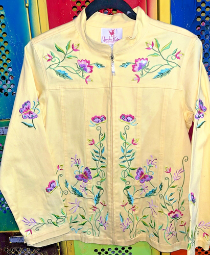 SIZE S QUACKER FACTORY YELLOW EMBROIDERED EMBELLISHED LIGHTWEIGHT JACKET, NWT - Picture 2 of 9