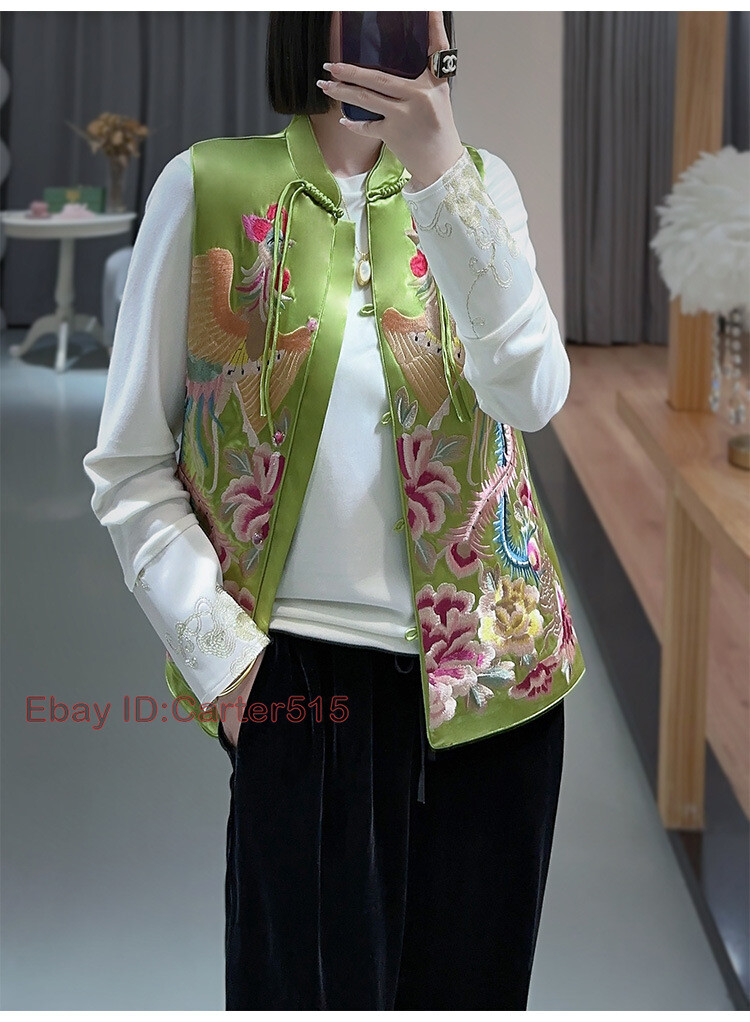 Embroidery Womens Chinese Style Imitated Silk Satin Retro Vest Waistcoat Top image 8