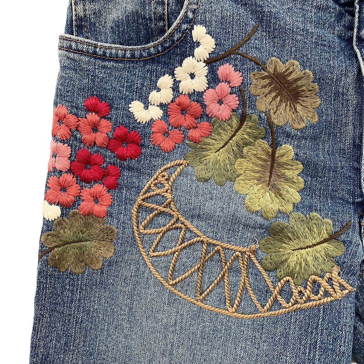 スカート EMBROIDERY FLOWER DENIM CULOTTES BLUE Embroidered Denim Skirt, Dark Blue - Deux par Deux Skirts