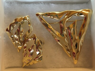 Signed Torino Gold Tone Triangle Abstract Pin Brooch & Earring Set Retro EUC