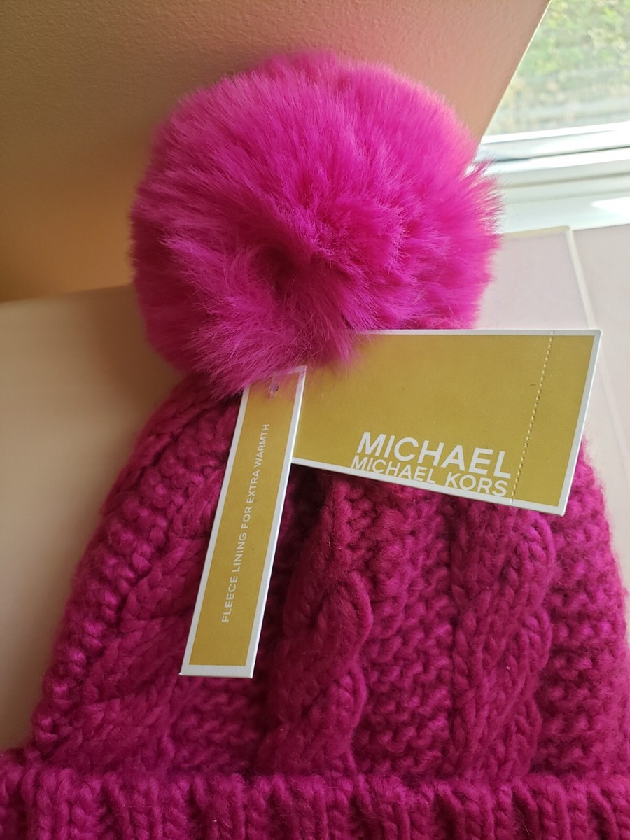 Michael Kors Cable Knit Hat Fuchsia One Size Fleece Lining  display picture 1