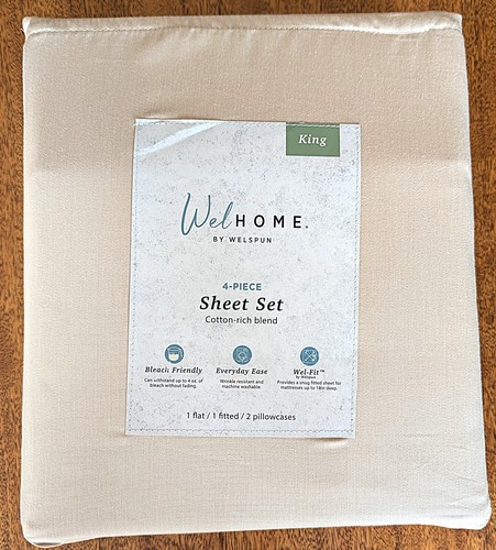 WELHOME WELSPUN 4 PC KG SHEET SET, 70% COTTON RICH BLEND, 320 TC OYSTER GRAY NIB - Picture 3 of 19