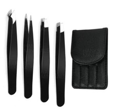 Tweezers Set 4-Piece Professional Black Plucker Stainless Steel With Case