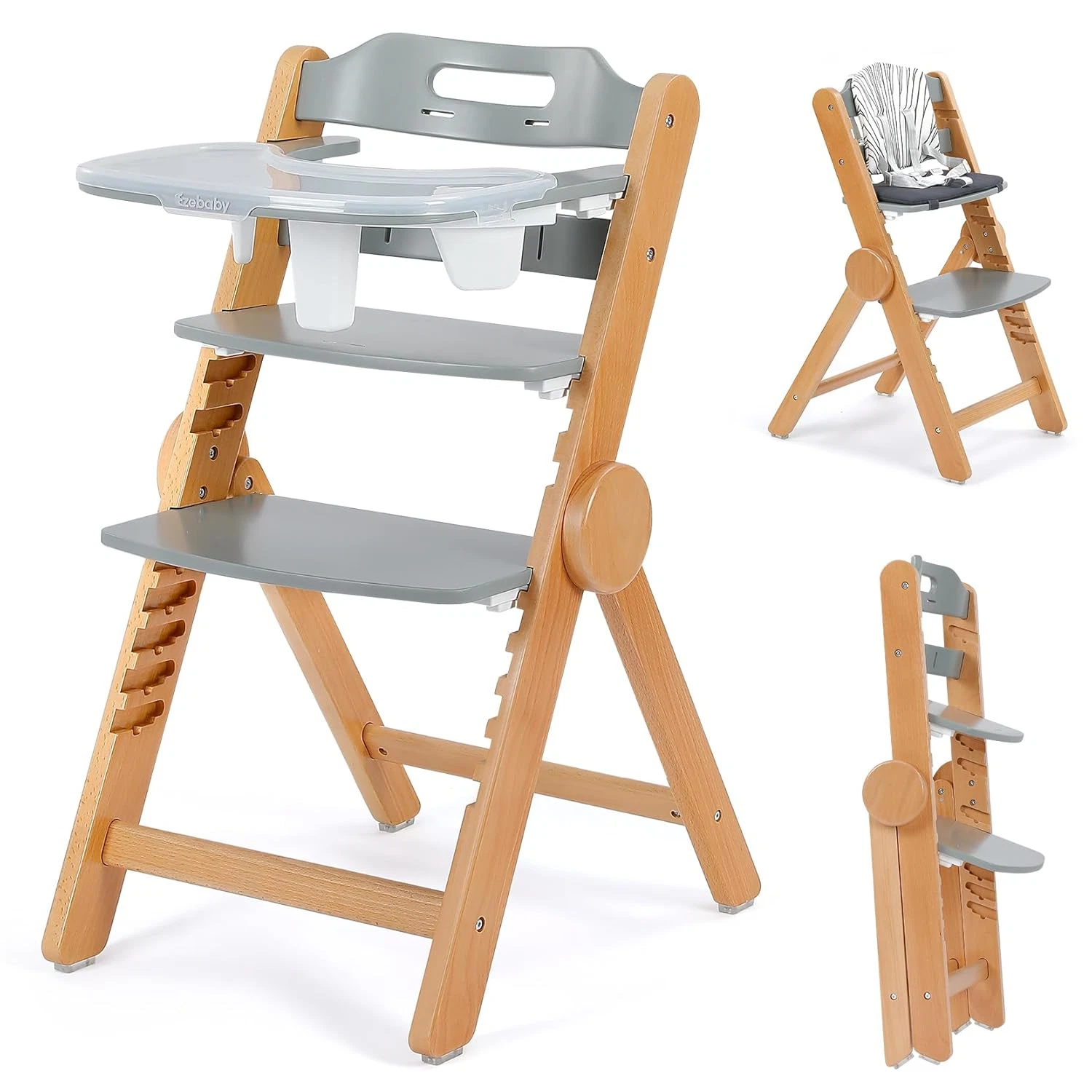 Wooden High Chair Grow with Your Child, Foldable Baby High Chair with Adjustable