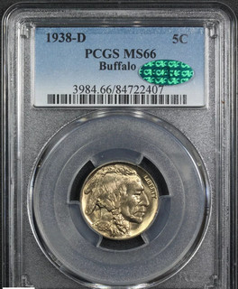 1938 D Buffalo Nickel 5C PCGS MS 66 CAC K1665